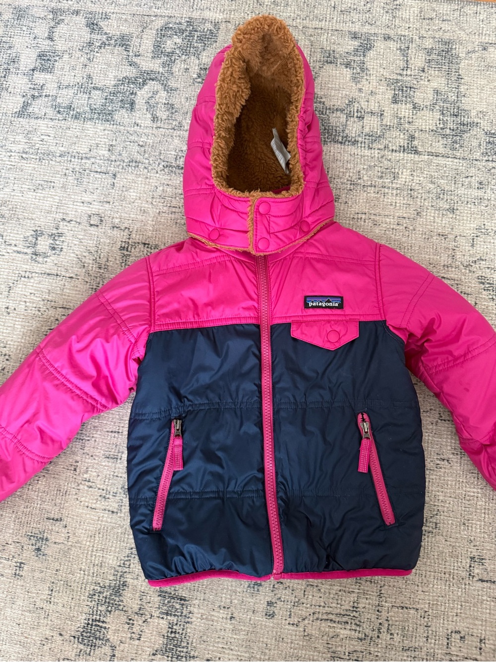 Patagonia Kids Two-Tone Hooded Jacket in Hot Pink & Navy